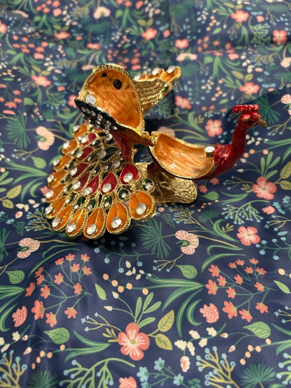 Decorative collectible jeweled peacock figurine trinket box orange, red, gold